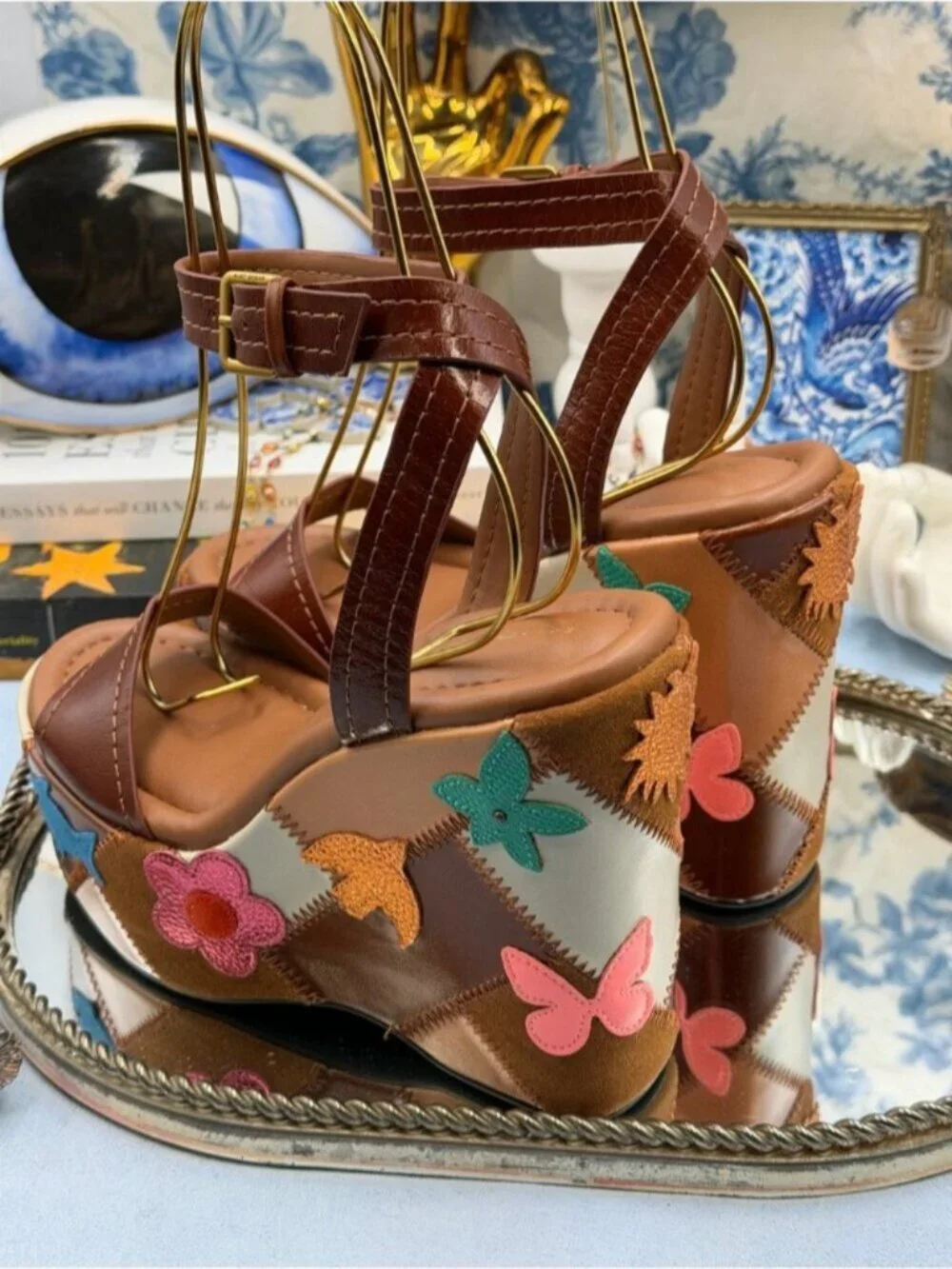 🆕 KURT GEIGER LONDON 🧿 NWOB Patchwork Platform Wedge Heel, Brown - Sz 37 US 7